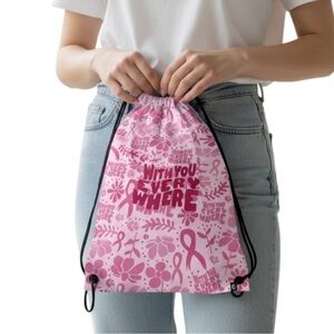 Ethika Drawstring Backpack Bag - Breast Cancer Awareness Pink Ribbon - New